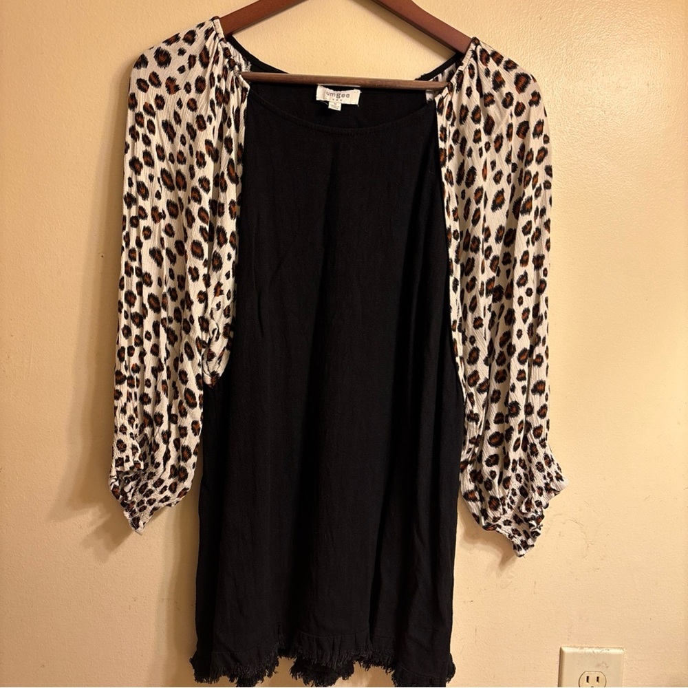 Umgee Black Blouse with Animal Print Sleeves with Smocking at armhole & Raw Hem